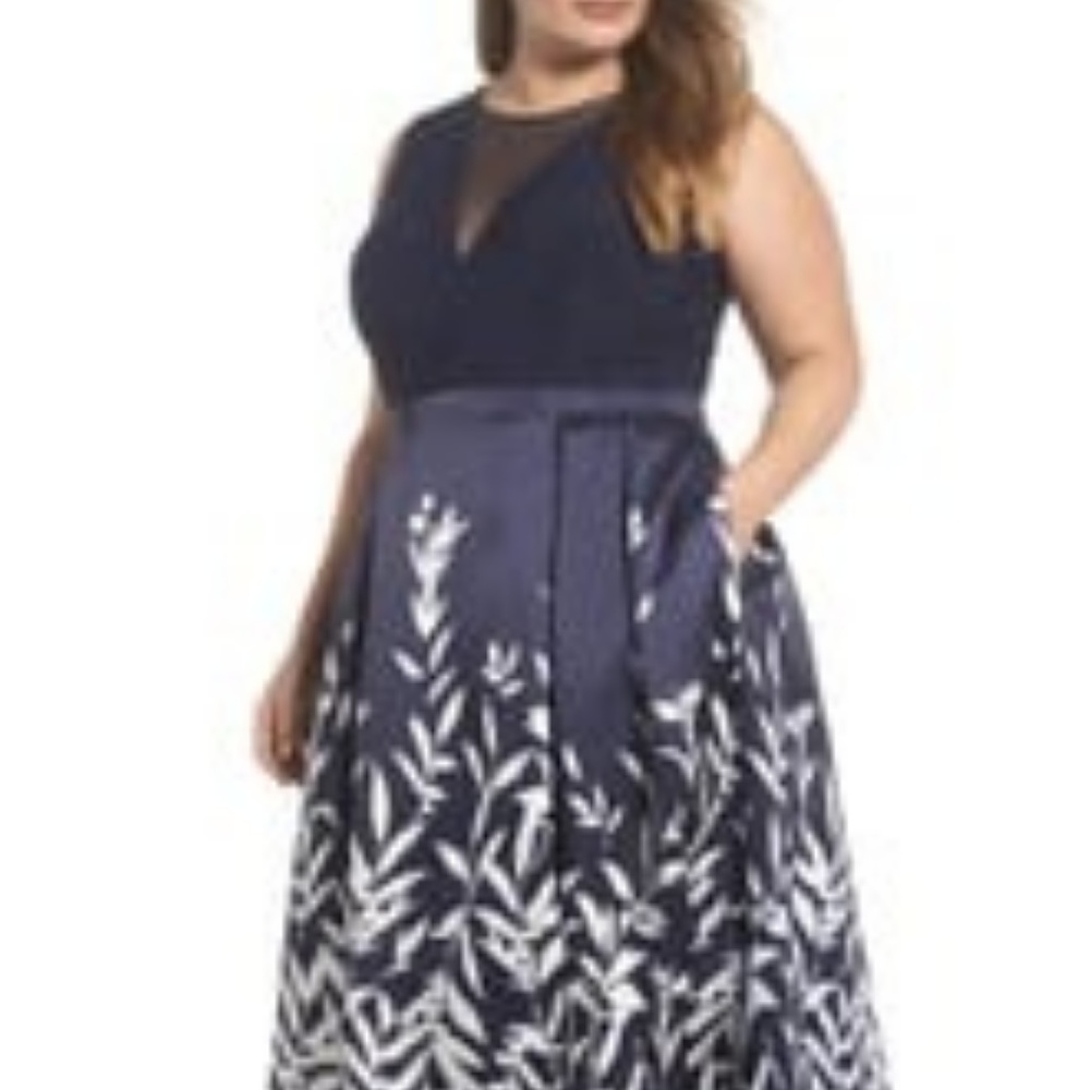 Morgan & Co. Navy Blue and White Maxi Dress with Floral Skirt